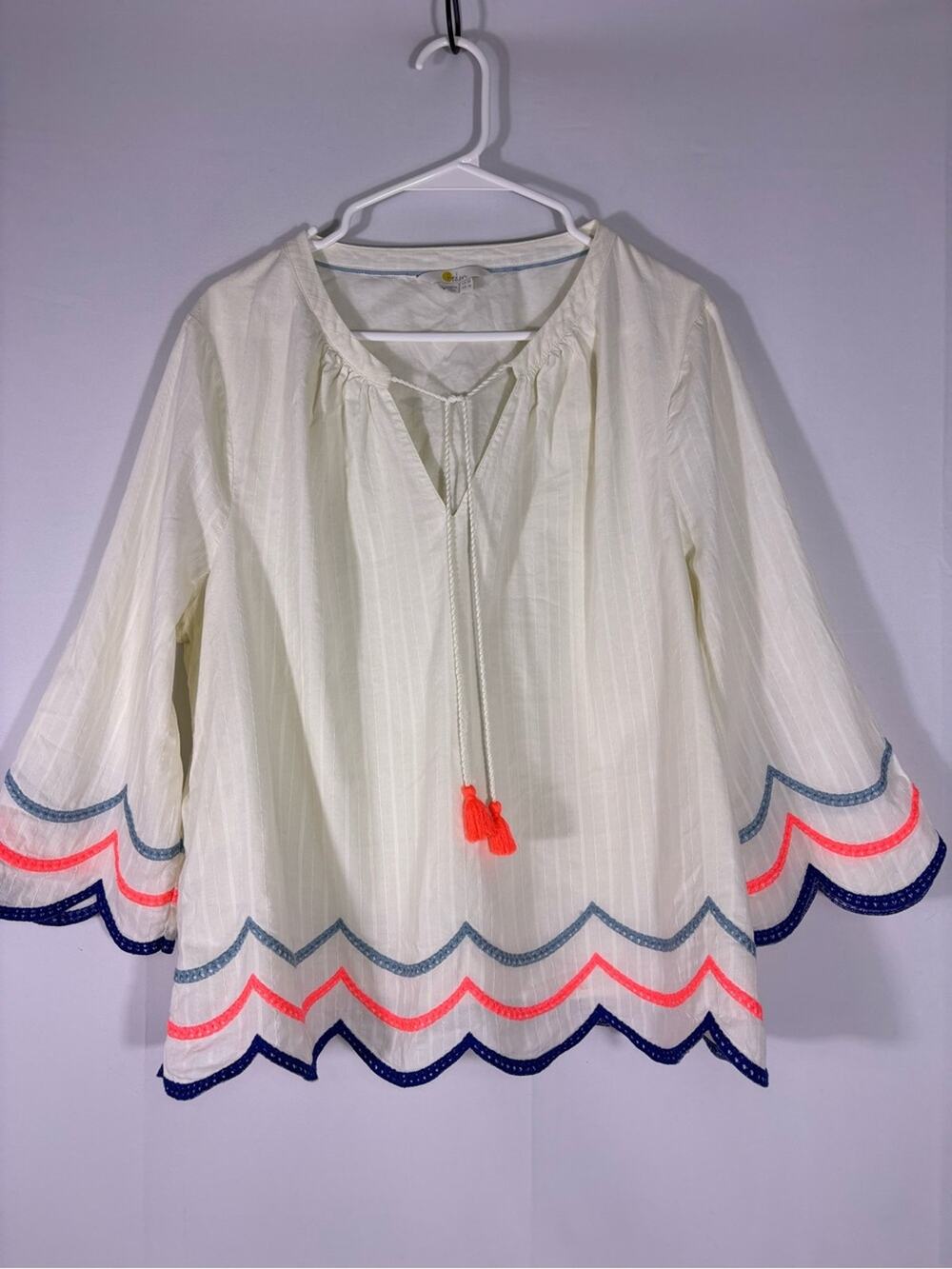 Boden Ivory Scallop Embroidered Tunic Top Neon Trim US 16